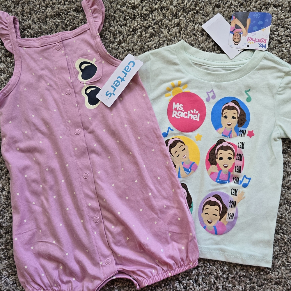 *NWT* 12M -Carter's Pink Polka Dot Romper and Ms. Rachel Graphic Tee Set